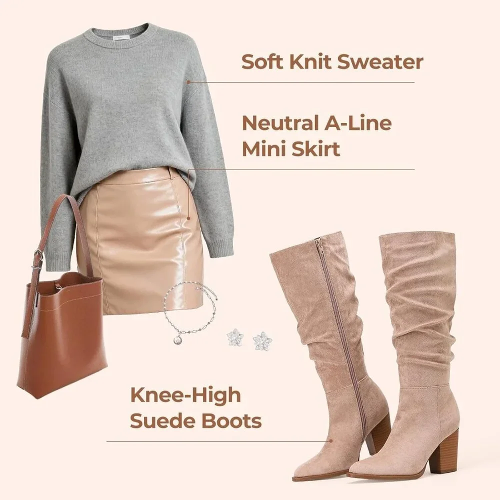 Women's Rosy Brown Pointed Toe Faux Suede Slouch Chunky Heel Knee High Boots